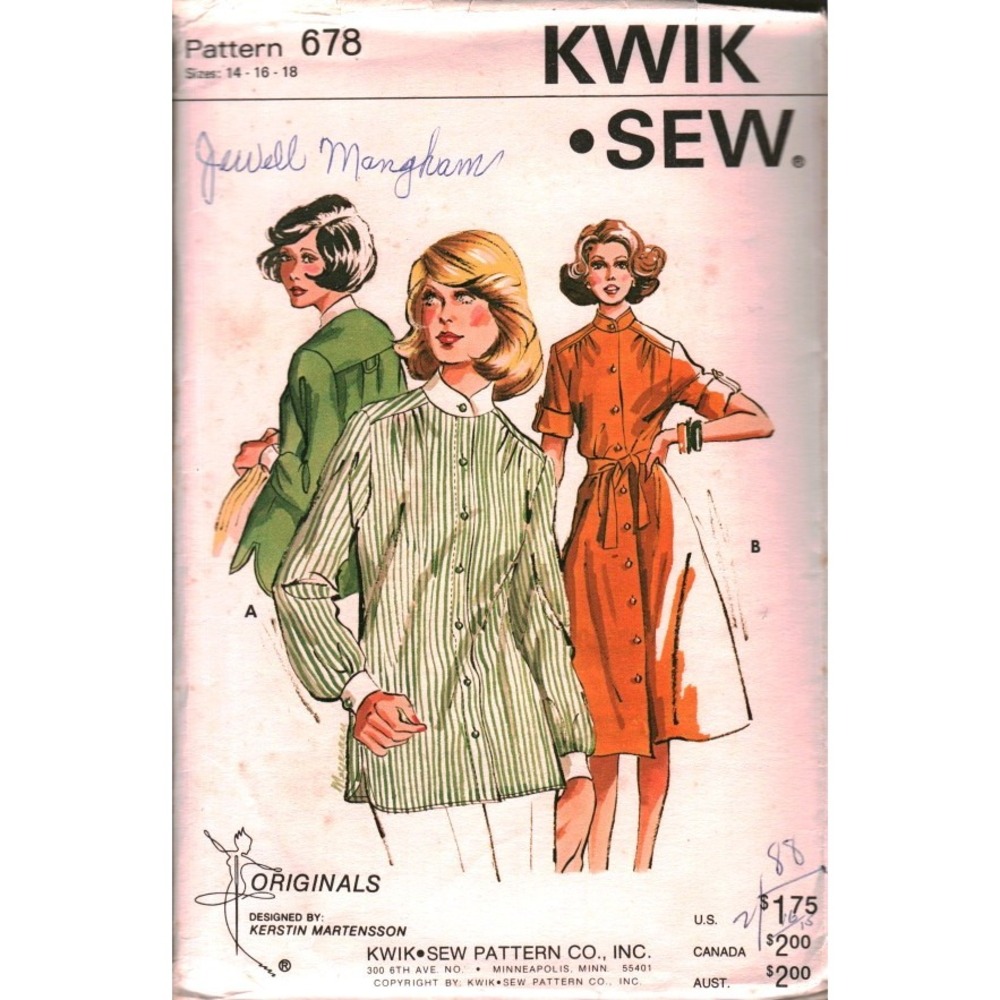 Vintage Kwik Sew 678 Shirt and Dress Pattern Kerstin Martensson Sizes 14-16-18